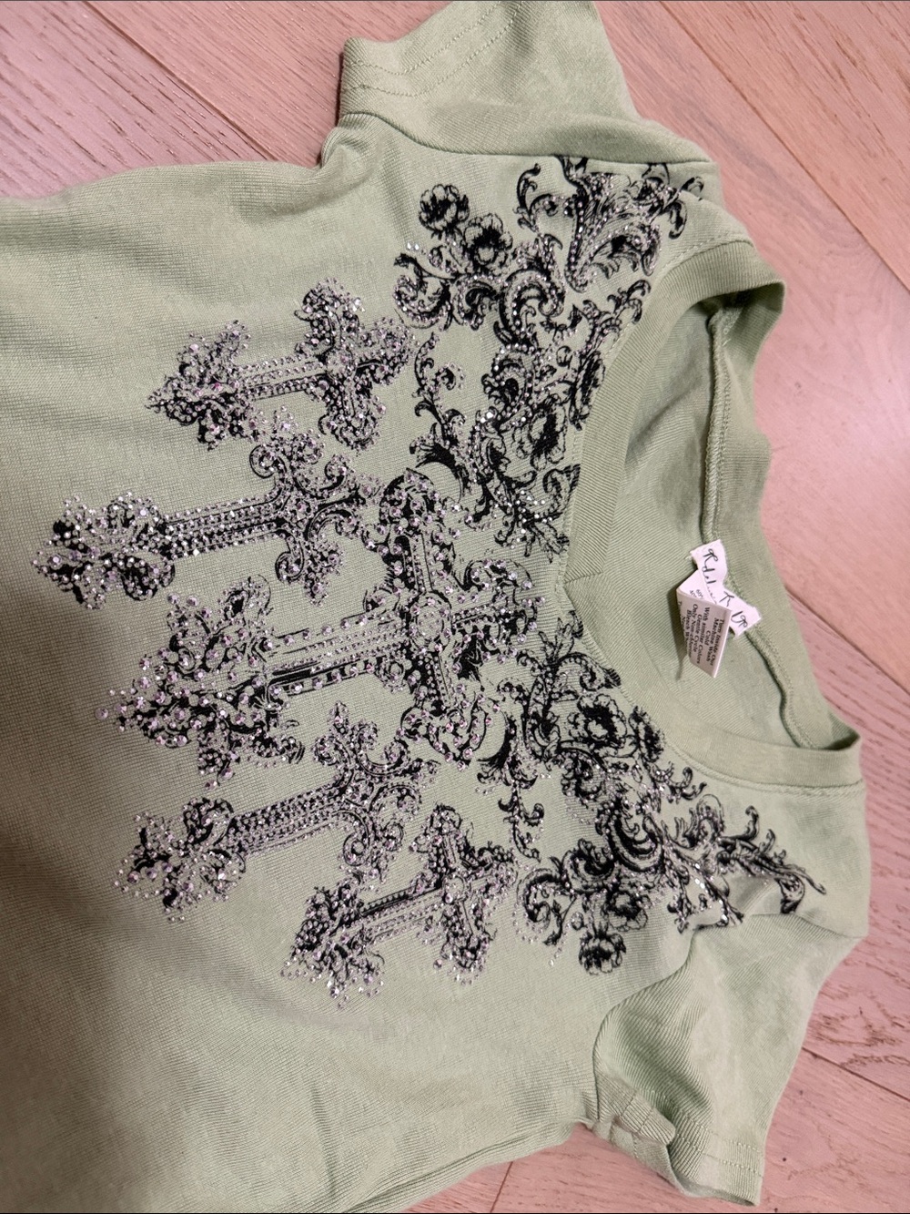 Embellished Green Short Sleeve y2k bedazzled rhinestone crosses